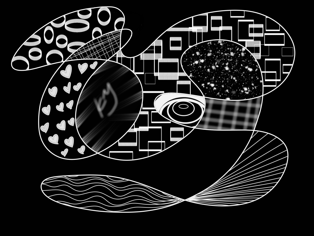 Abstract black and white digital art in the signature style of Kate matarese with various patterns and textures in a rounded scribbled frame