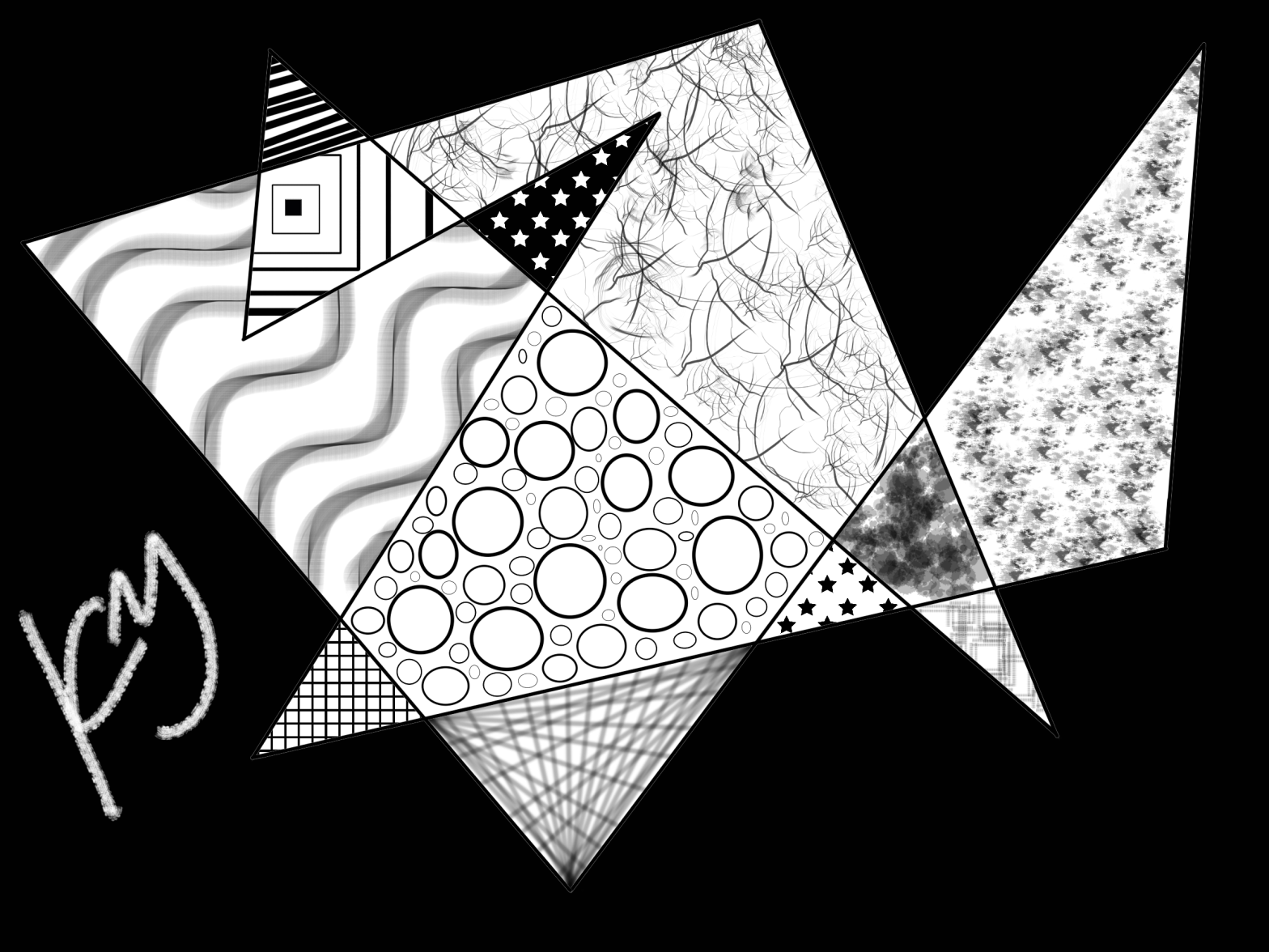Abstract black and white digital art in the signature style of Kate matarese with various patterns and textures in an angular scribbled frame