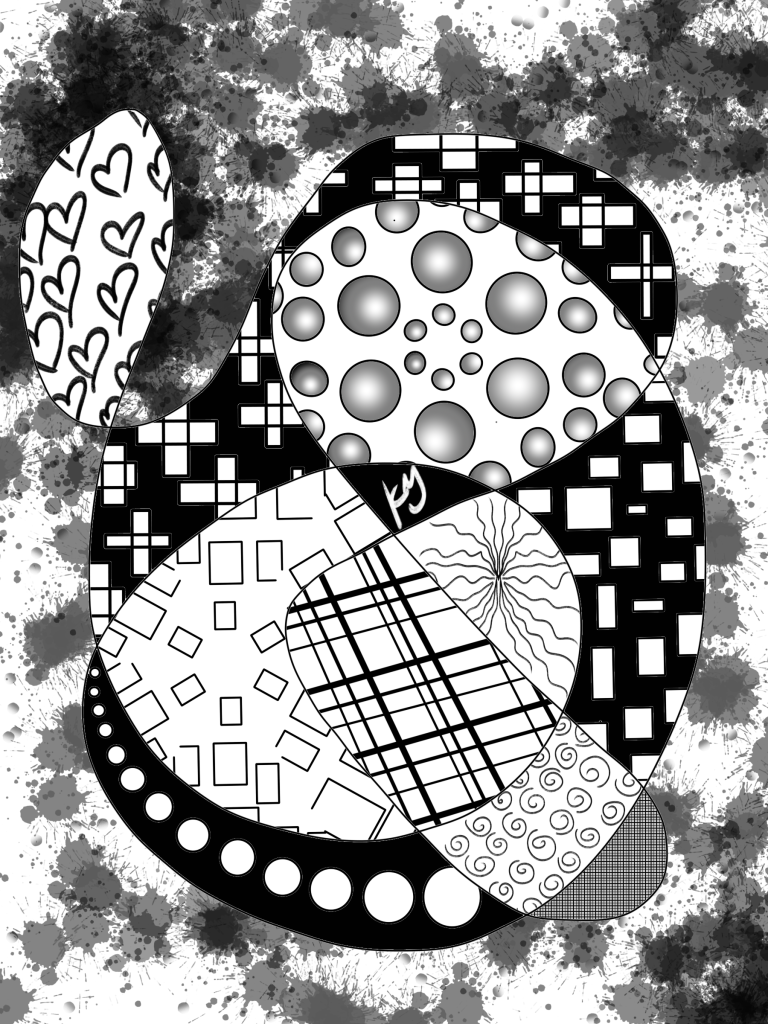 Abstract black and white digital art in the signature style of Kate matarese with various patterns and textures in a round scribbled frame