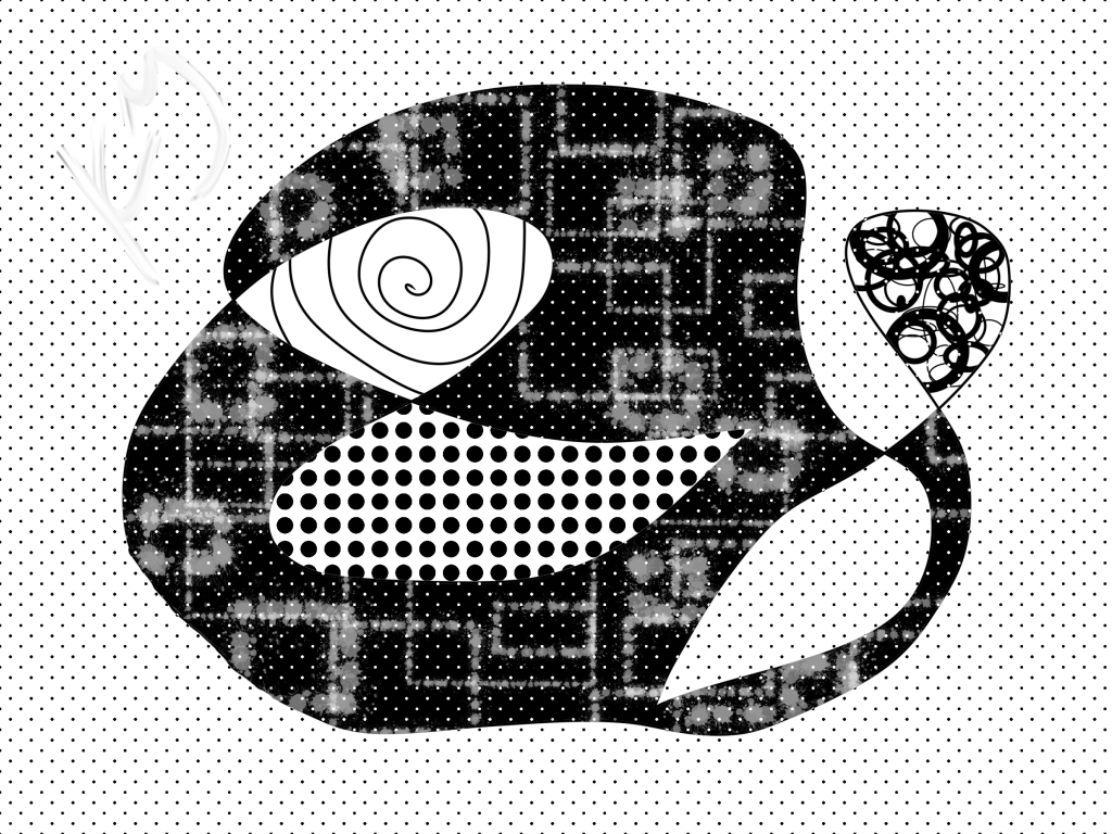 Abstract black and white digital art in the signature style of Kate matarese with various patterns and textures in a round scribbled frame