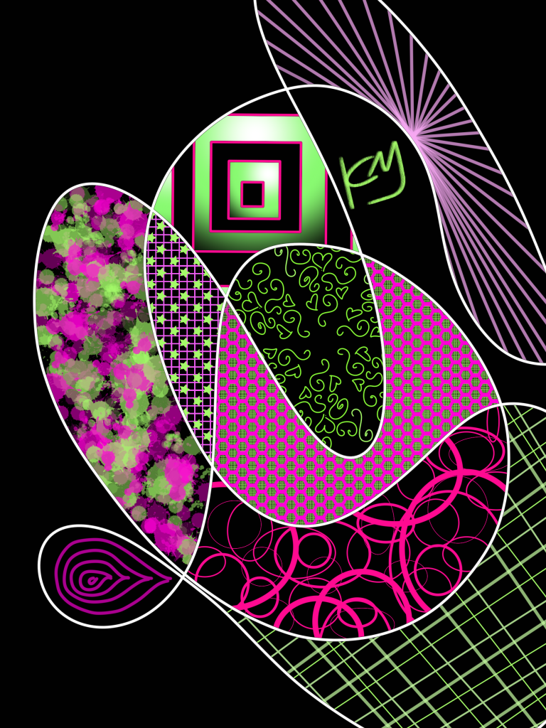 Abstract digital painting in Kate's signature style. There is a black background with a large white scribble containing different patterns and textures in hot pink and neon green.