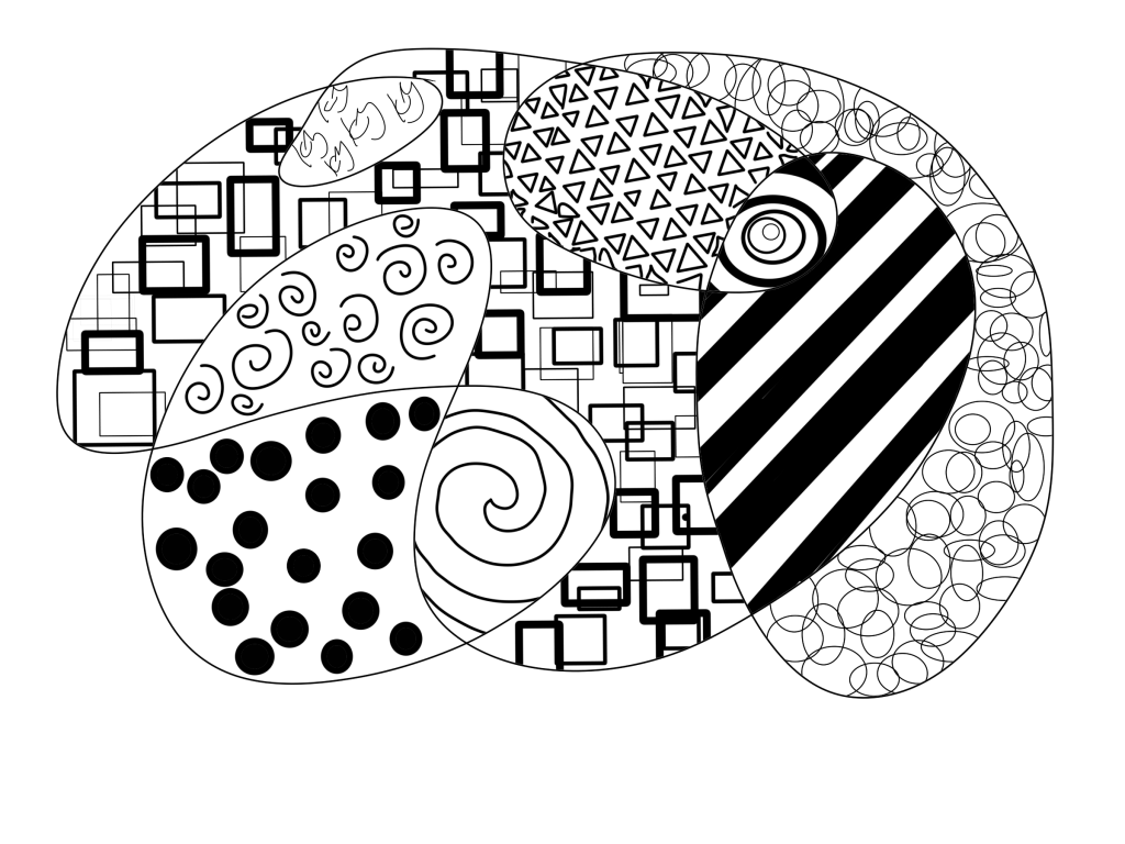 Abstract digital art drawing with various patterns inscribed in a scribbled overlapping frame.