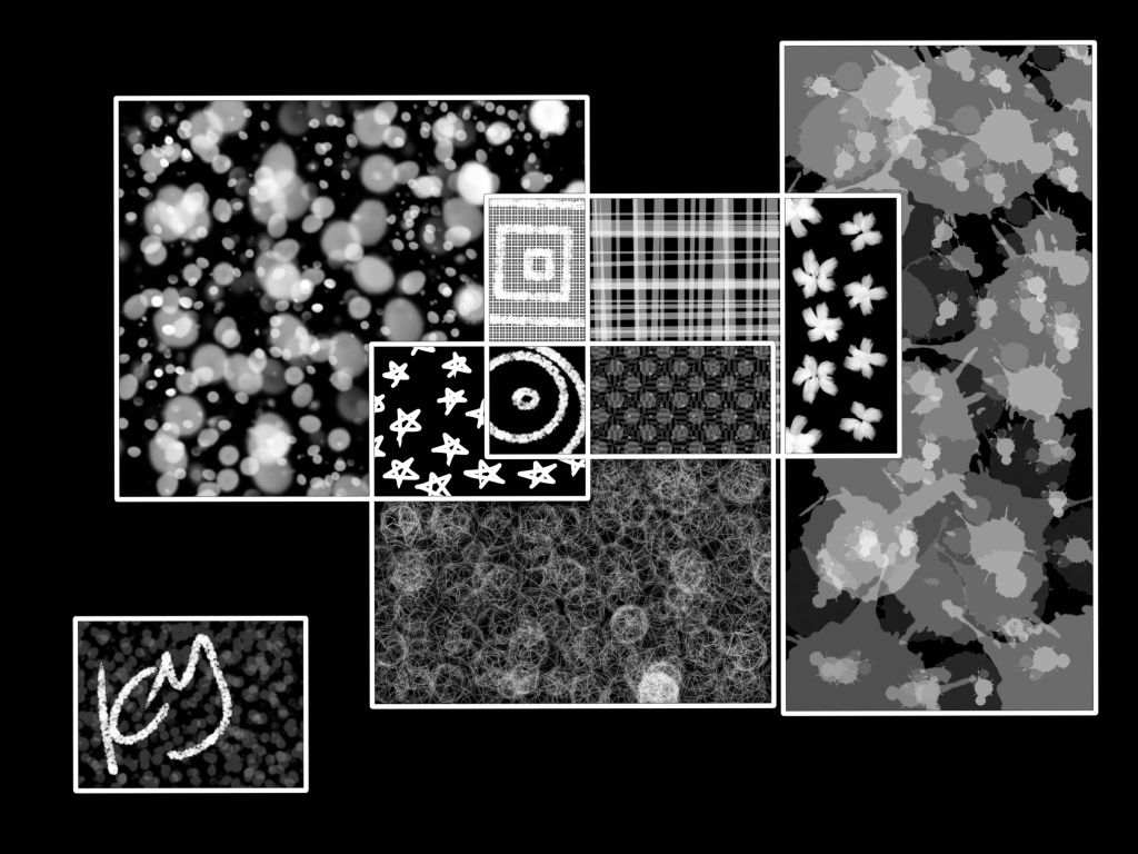 Abstract digital painting in Kate's signature style. There is a black background with a large white interlocking boxes containing different patterns and textures.