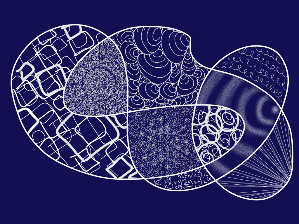 Abstract digital painting in Kate's signature style. There is a dark blue background with a large white scribble containing different patterns and textures.