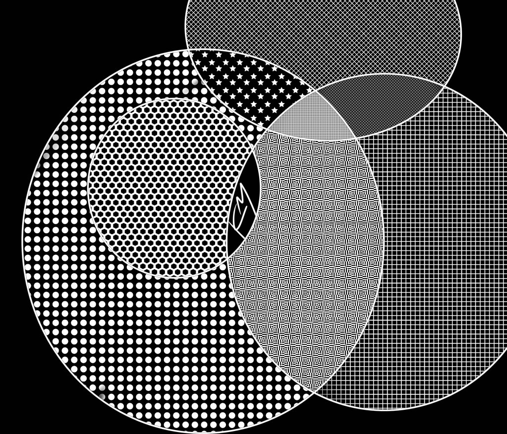 White on a black background, an abstract digital painting in Kate's signature style of drawn patterns and textures inside the compartments made from one giant scribbled frame.