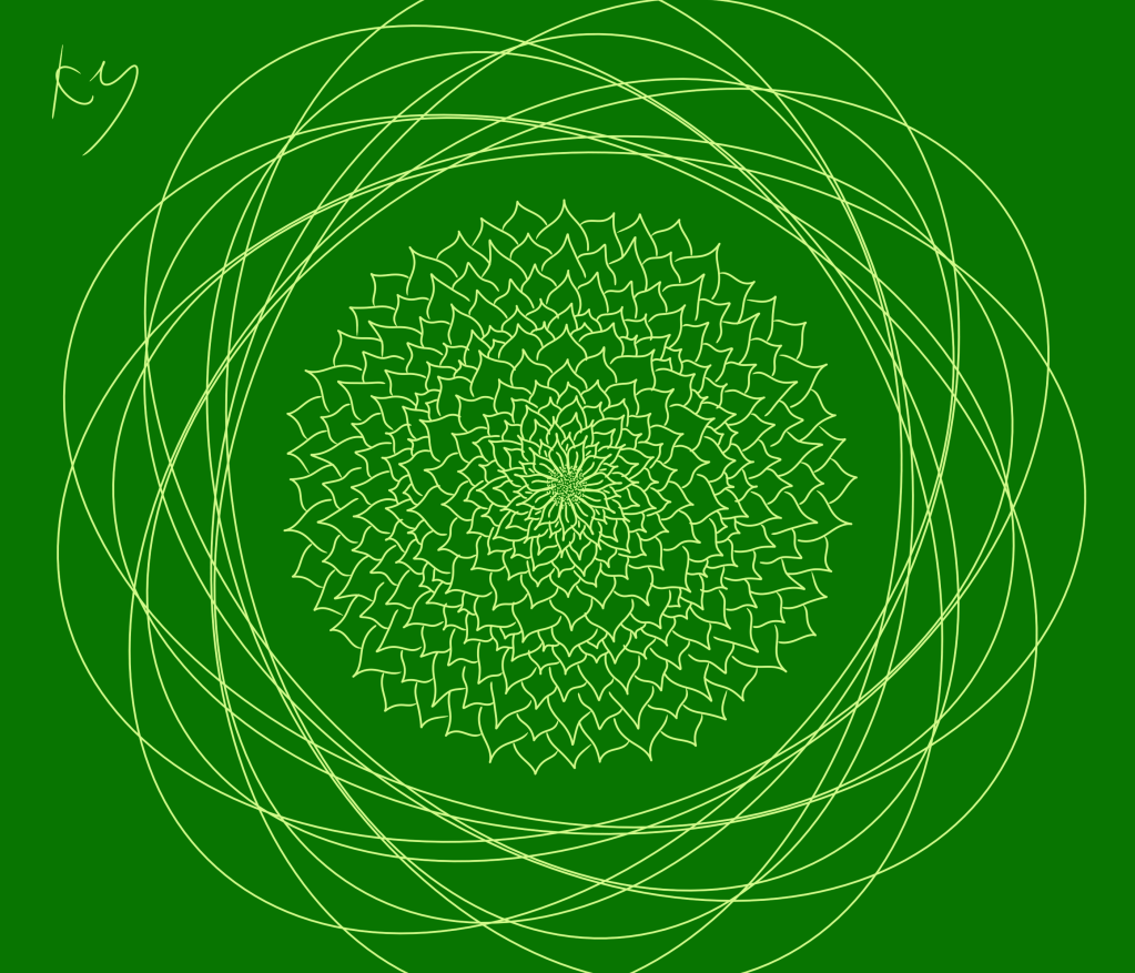 a yellow on green abstract digital drawing by Kate including her signature initials as part of the patterning.