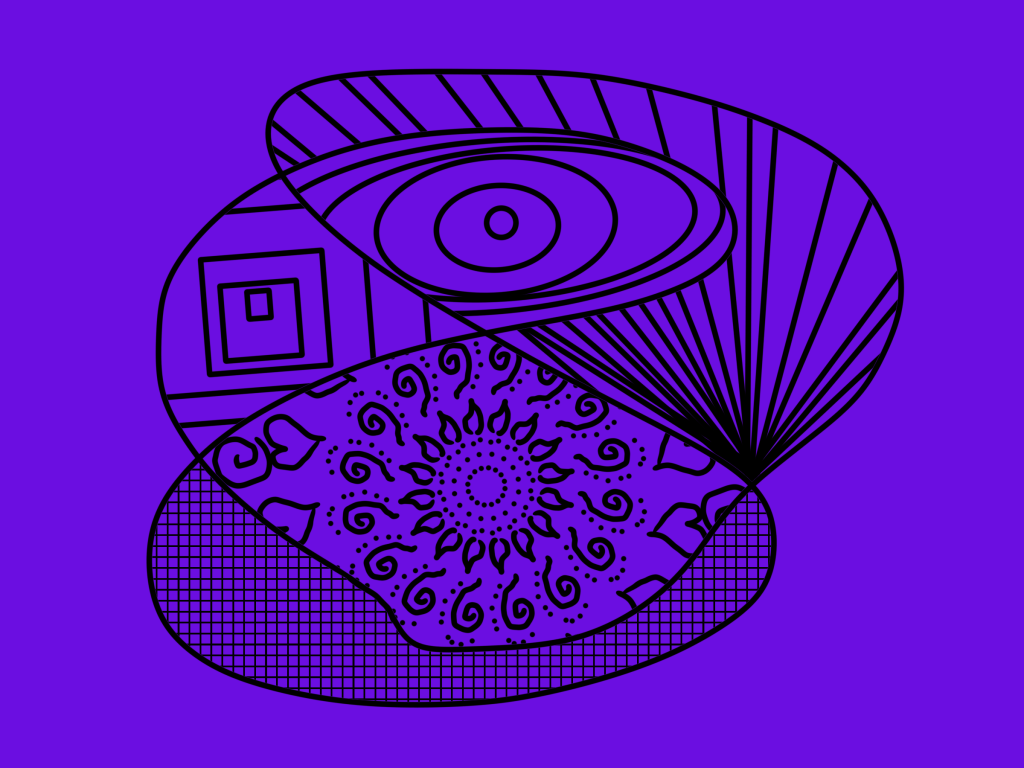 kate's signiture abstract style digital drawing with a periwinkle background color and a black drawing of various patterns contained in the shapes of a giant scribble.