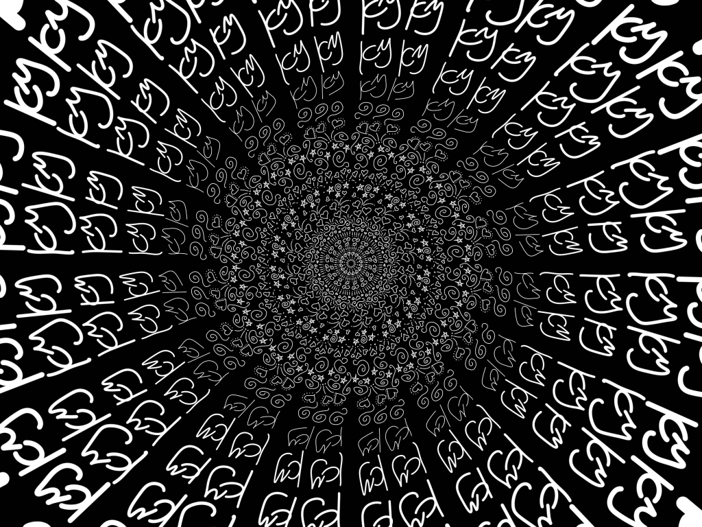 a black and white radial design created from the artist's initials in a pattern with stars, hearts, spiraled lines and dots which give the illusion of depth as if you're looking into a deep circular recess.