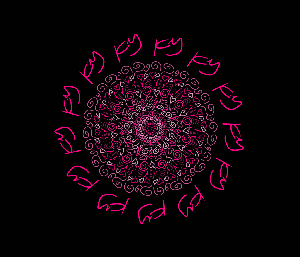 a mix of different pink hues on black abstract digital drawing by Kate including hearts, swirls and Kate's signature initials as part of the patterning.