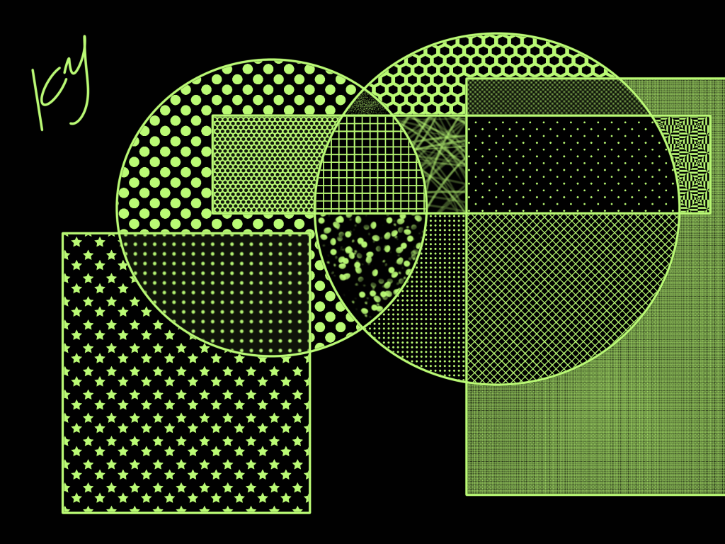 Abstract digital painting in Kate's signature style. There is a black background with large green interlocking circles and rectangles containing different patterns and textures.