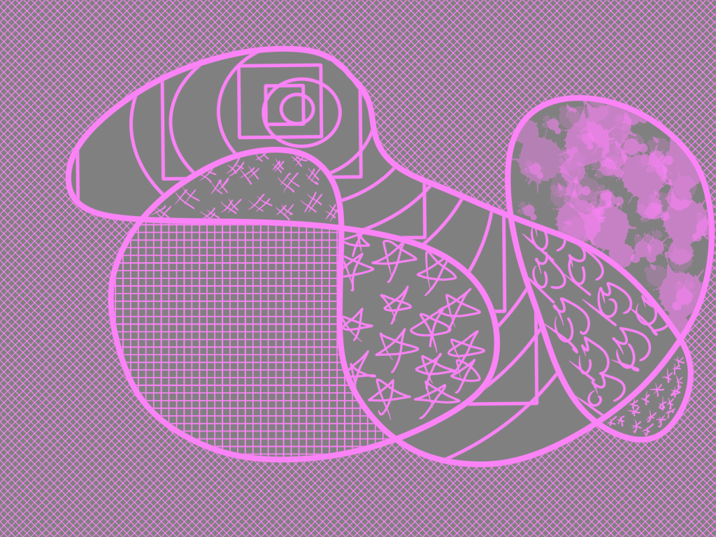 a black and hot pink abstract digital drawing by Kate in her signature abstract style of creative patterns inside a rounded scribble.