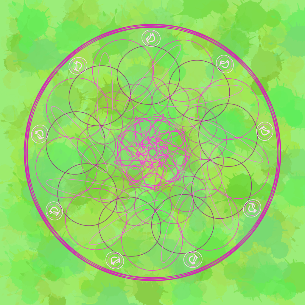 digital art by kate, there is a green paint splatterd background with pink circles arranged in a radial design with Kate's initials creatively placed multiple times in a radial position.