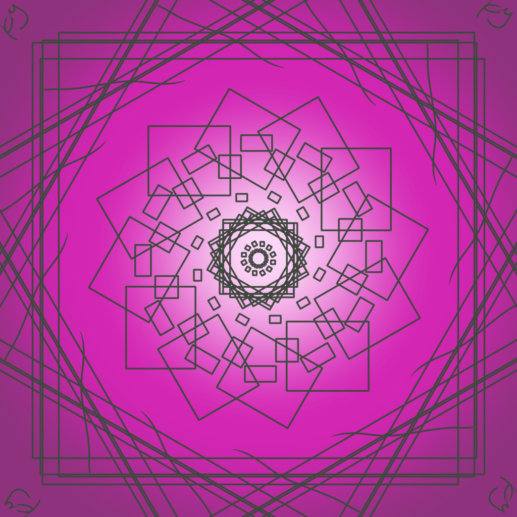 abstract art by Kate, there's a glow in the center that blends into a dark hot pink color behind a black angular radial design.