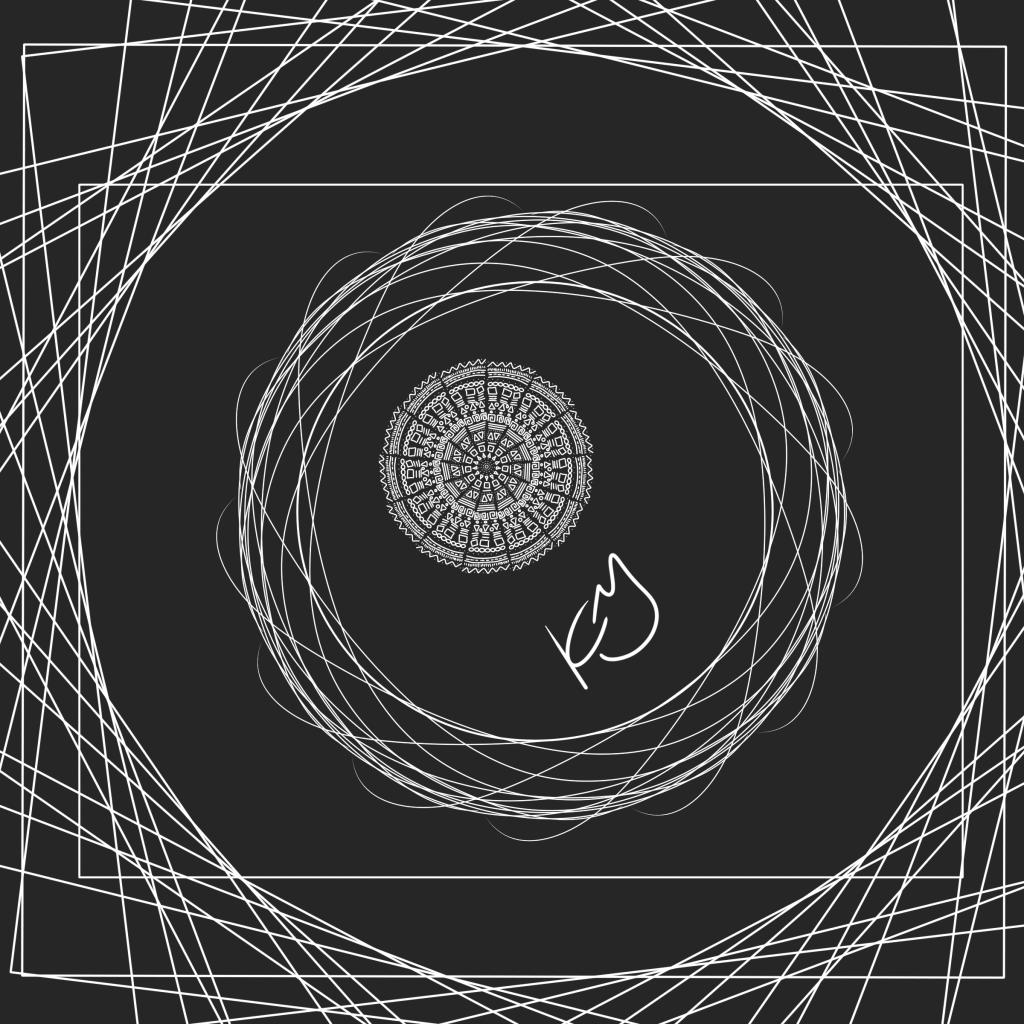 digital painting by Kate with a black background and a radial design in white with Kate's signature initials large in the middle.