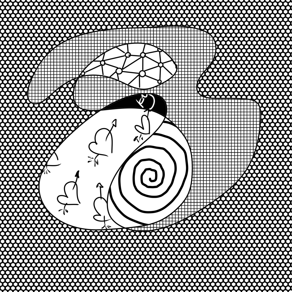 Abstract digital painting in Kate's signature style. There is a white background with a large black scribble containing different patterns and textures.