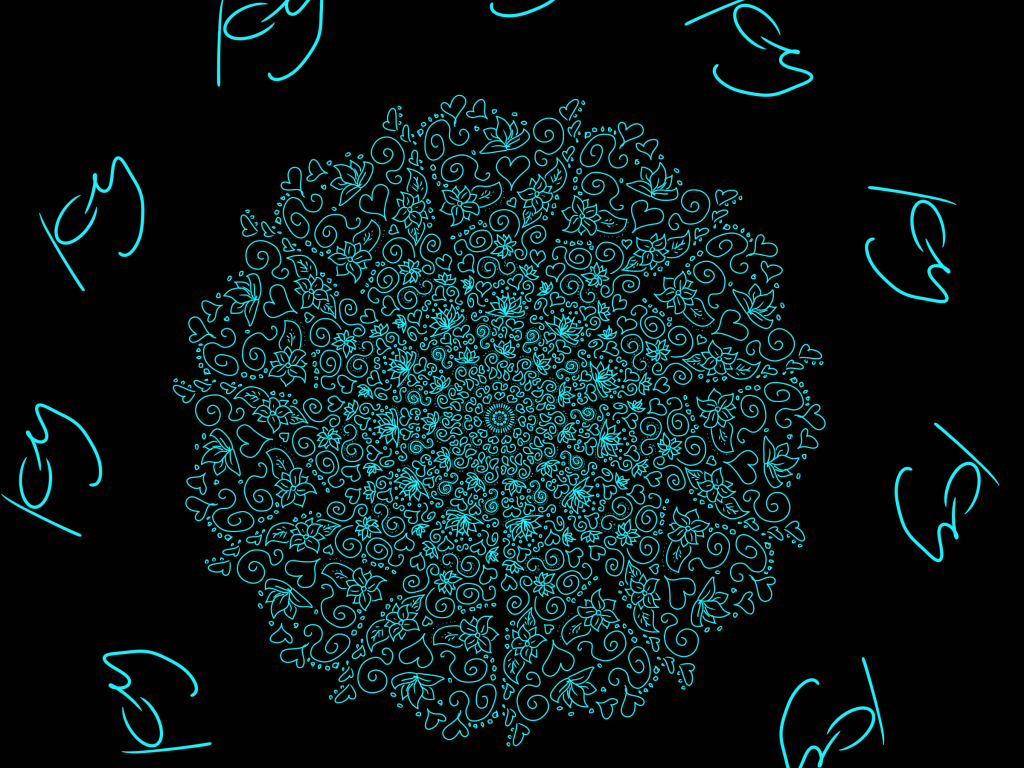 A radial digital drawing by Kate with swirls, hearts, flowers and dots in the center and Kate's signature initials radiating around the outside