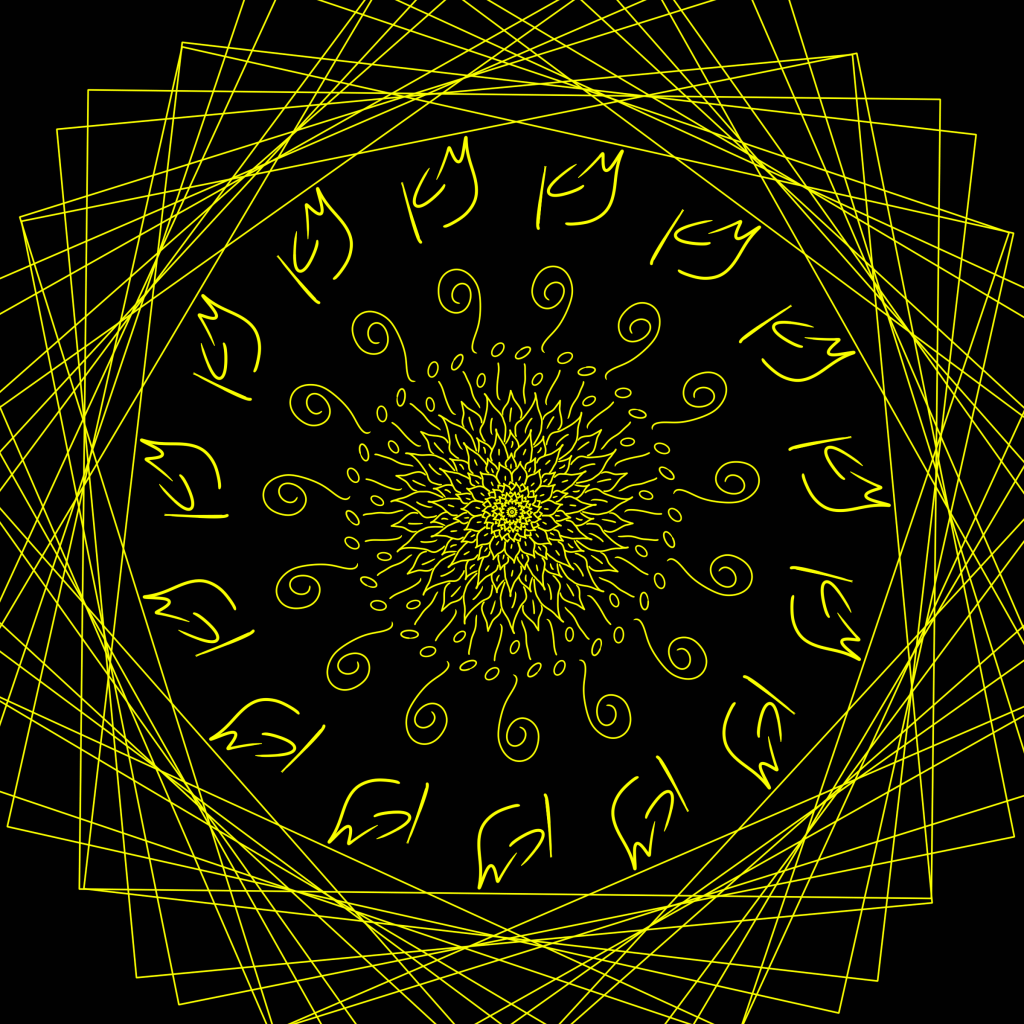 an abstract radial design that resembles a flower surrounded by the artist's initials. yellow color on a black background.