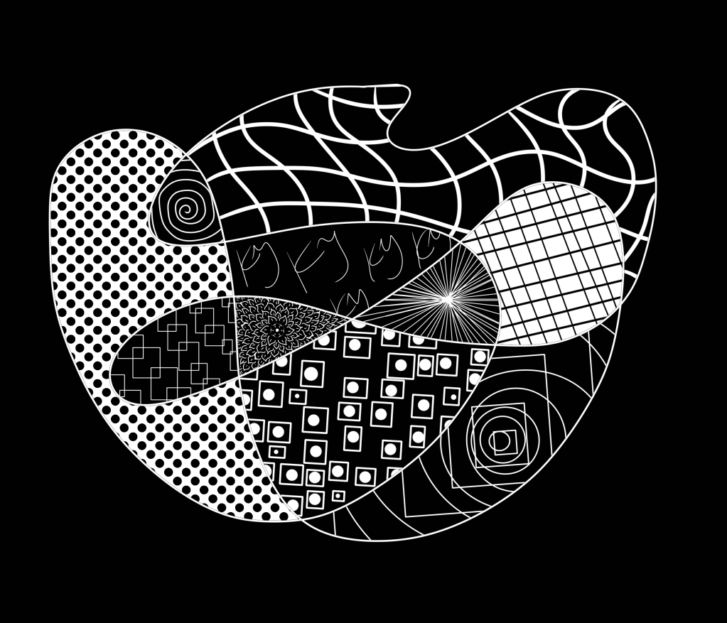 White on a black background, an abstract digital painting in Kate's signature style of drawn patterns and textures inside the compartments made from one giant scribbled frame.