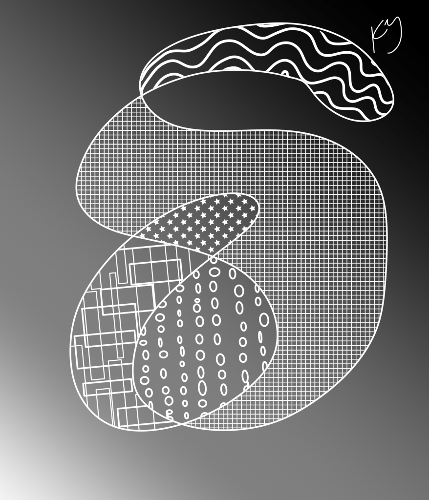 White on a black background, an abstract digital painting in Kate's signature style of drawn patterns and textures inside the compartments made from one giant scribbled frame.