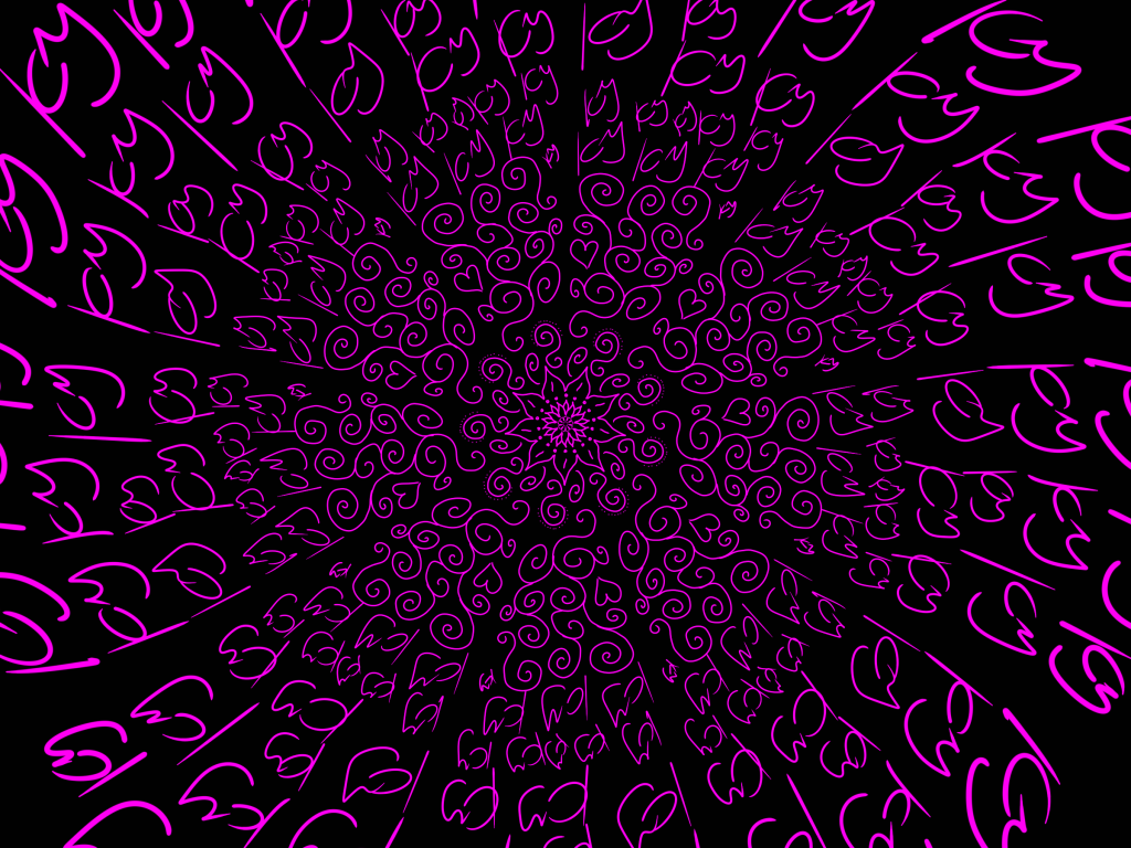 A radial digital drawing by Kate with an abstract flower in the middle with swirling lines and Kate's initials in a radial pattern.