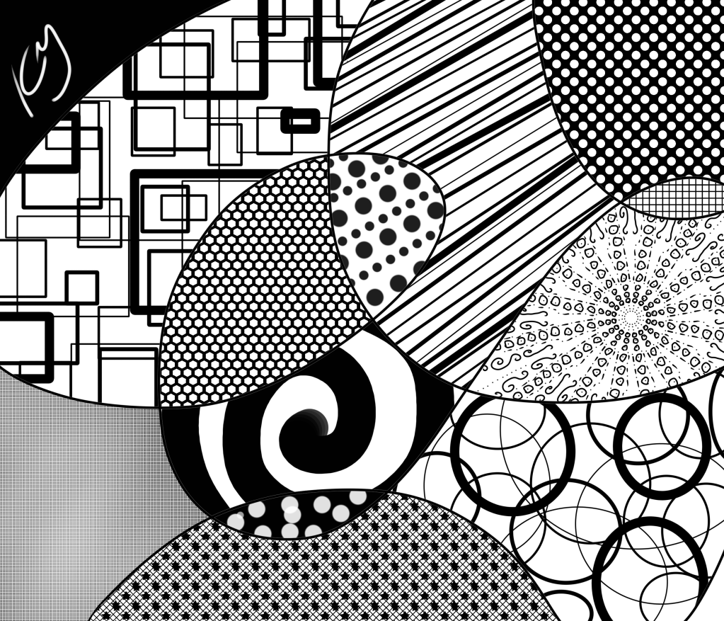 White on a black background, an abstract digital painting in Kate's signature style of drawn patterns and textures inside the compartments made from one giant scribbled frame.