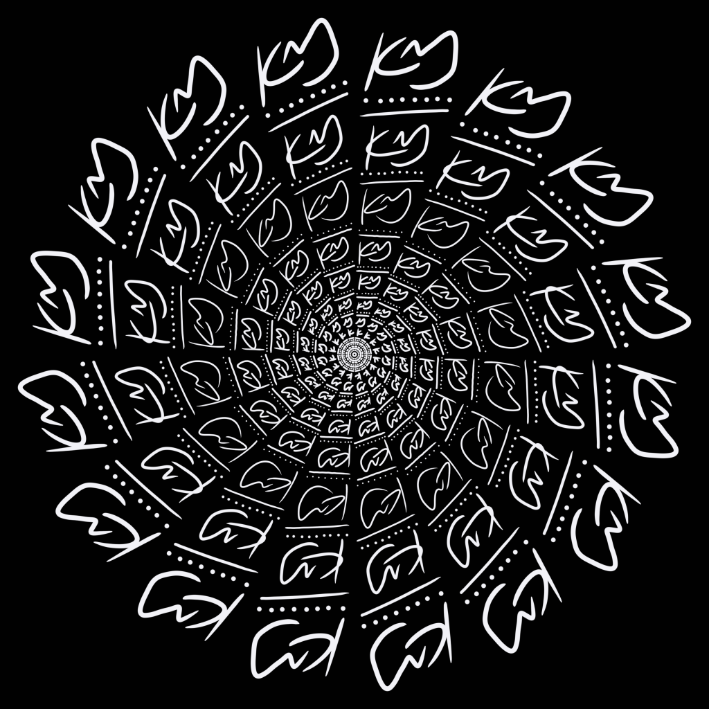 a white on black abstract digital drawing by Kate using mostly just her signature initials as part of the patterning.