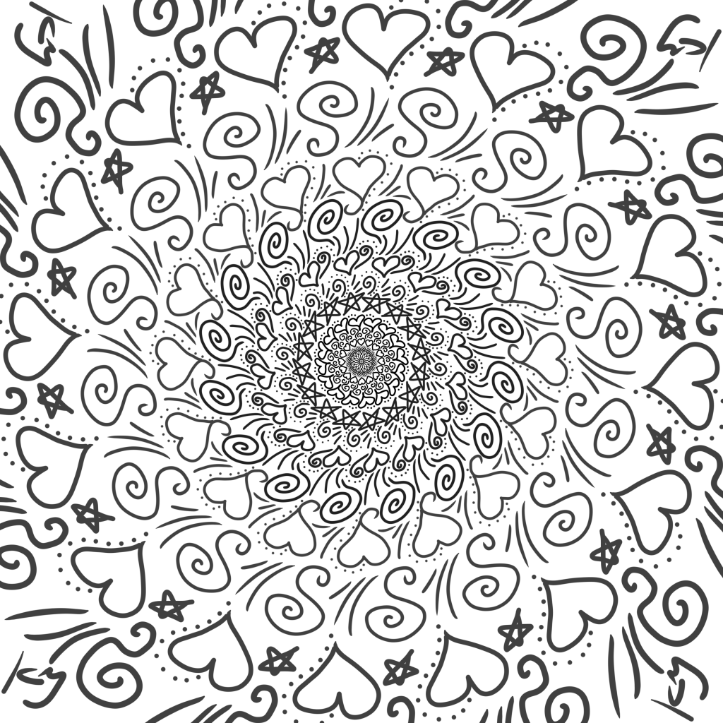 a black on white abstract digital drawing by Kate including stars, hearts, swirls and Kate's signature initials as part of the patterning.