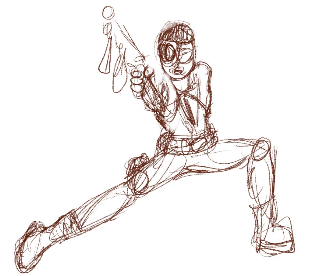 Figure drawing of woman in dynamic pose holding a gun