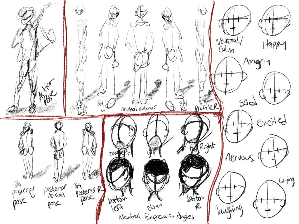 Character sheet layout with graphic novel character sketched in full body various poses and close ups with various emotional expressions