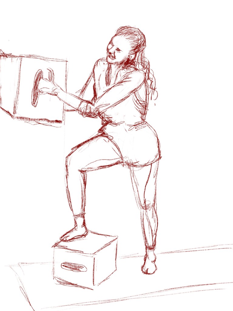 Rough figure drawing sketch of a woman holding a box with one leg on a box