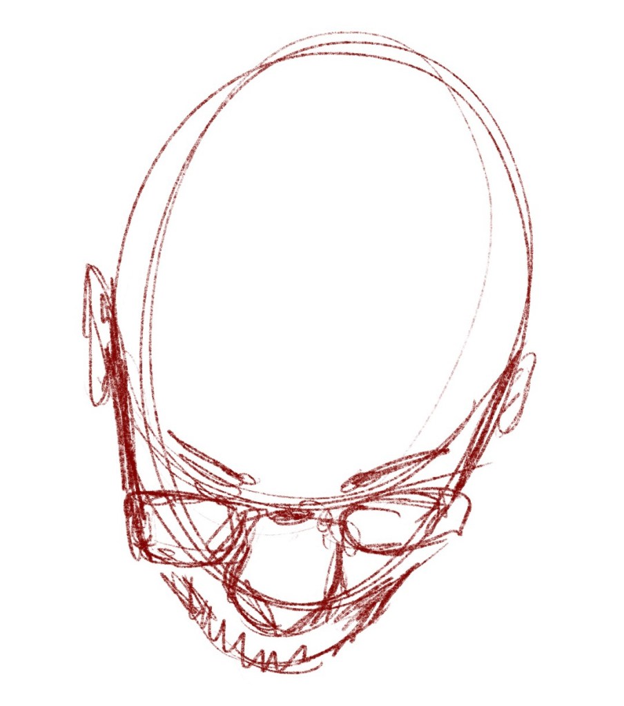 Rough portrait sketch of a man in glasses looking down
