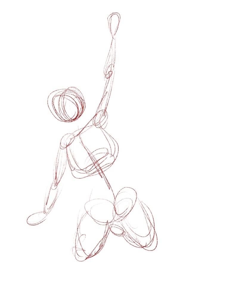 Rough figure drawing sketch of a kneeling person reaching up