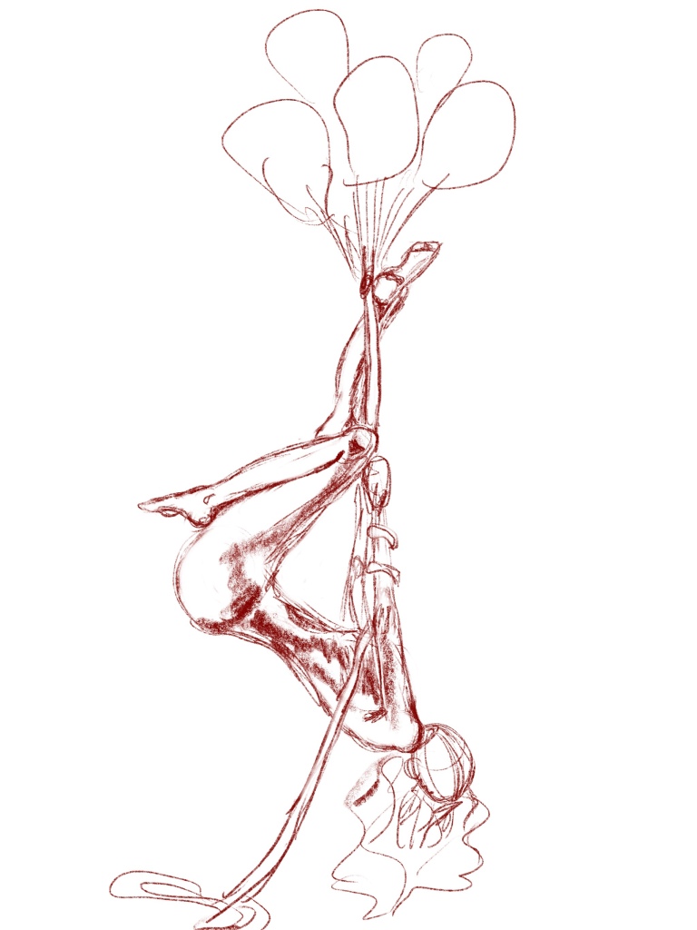 Rough figure drawing sketch of a woman suspended upside down hanging on a rope with balloons.