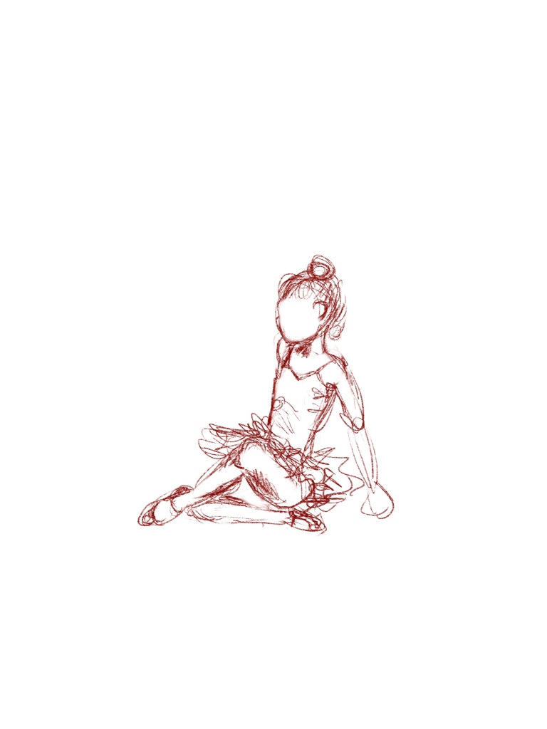 Rough figure drawing sketch of a little girl seated in a ballerina tutu and ballet shoes