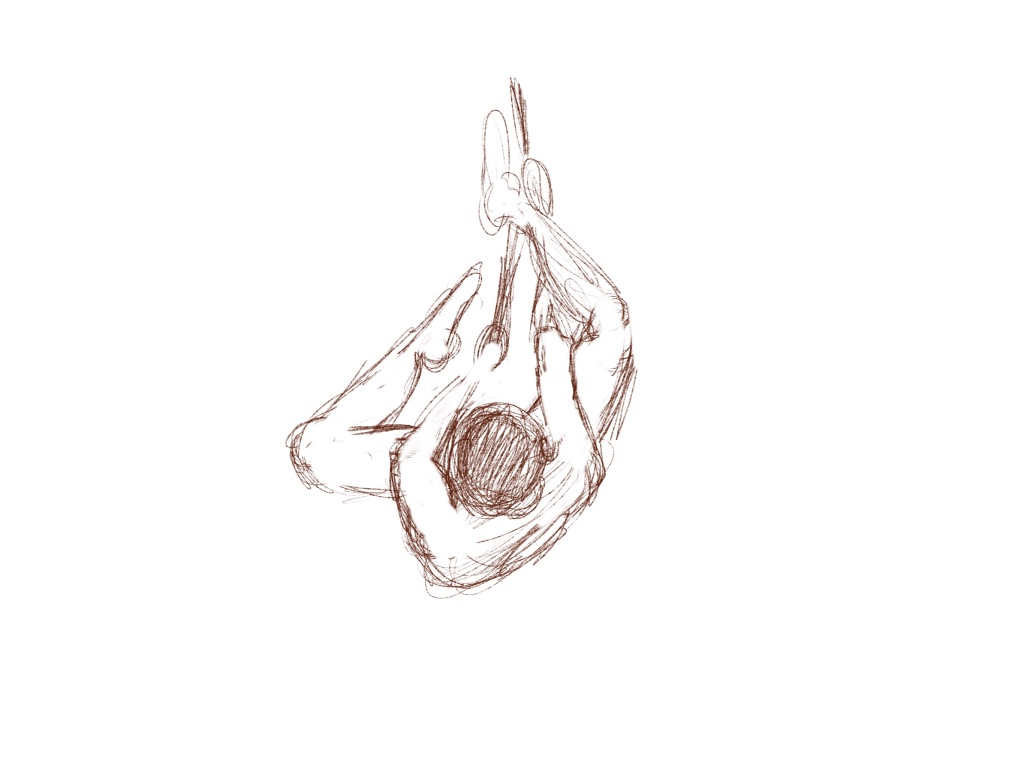 Rough figure drawing sketch of a man hanging upside down holding on to a rope.
