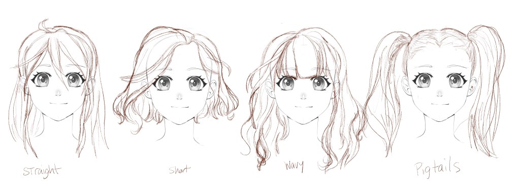 Female anime hairstyles from the anime academy on Udemy; straight hair, short hair, wavy hair, and pigtails