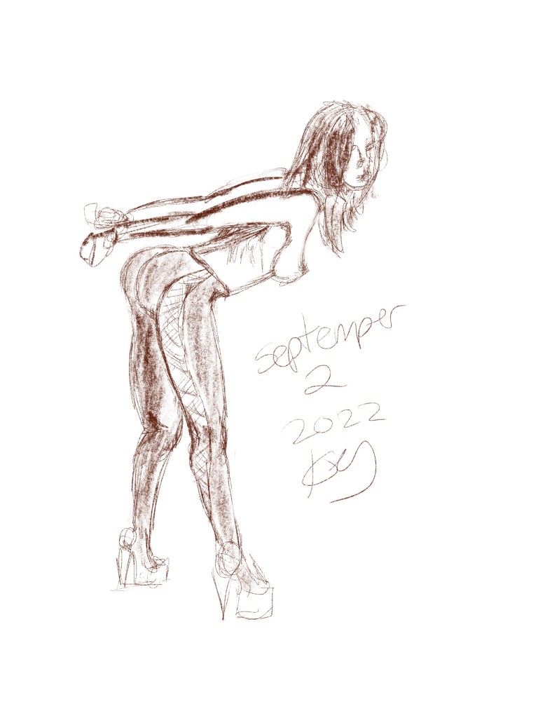 Rough figure drawing of a woman with her hands tied behind her back in fishnet stockings in a sexy pose