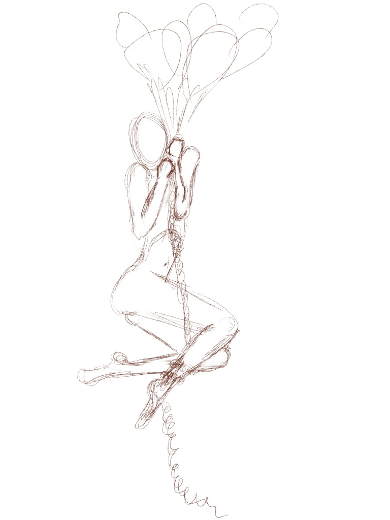 Rough figure drawing sketch of a woman suspended in the air hanging on to a rope tied to balloons 