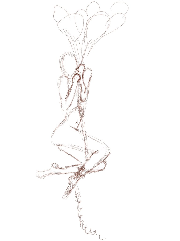 Rough figure drawing sketch of a woman suspended in the air hanging on to a rope tied to balloons 
