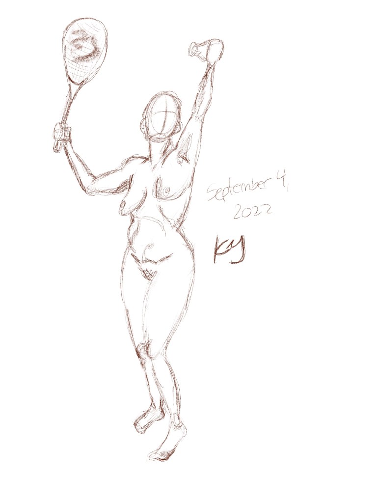 Rough figure drawing sketch of a woman with a racket and a badminton birdie 