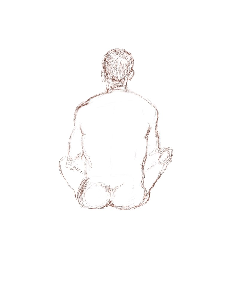 Rough figure drawing sketch of a man sitting down facing away 