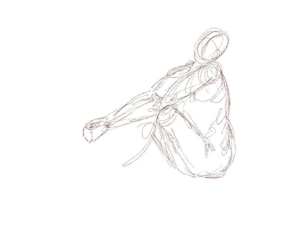 Rough figure drawing sketch of a person sitting down with their hands on their knees completed in 30 seconds with a brown digital stylus and pen on an iPad in procreate.