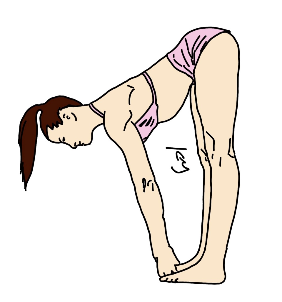 Line art cartoon drawing of a woman doing yoga in the half forward fold position, ardha uttanasana.